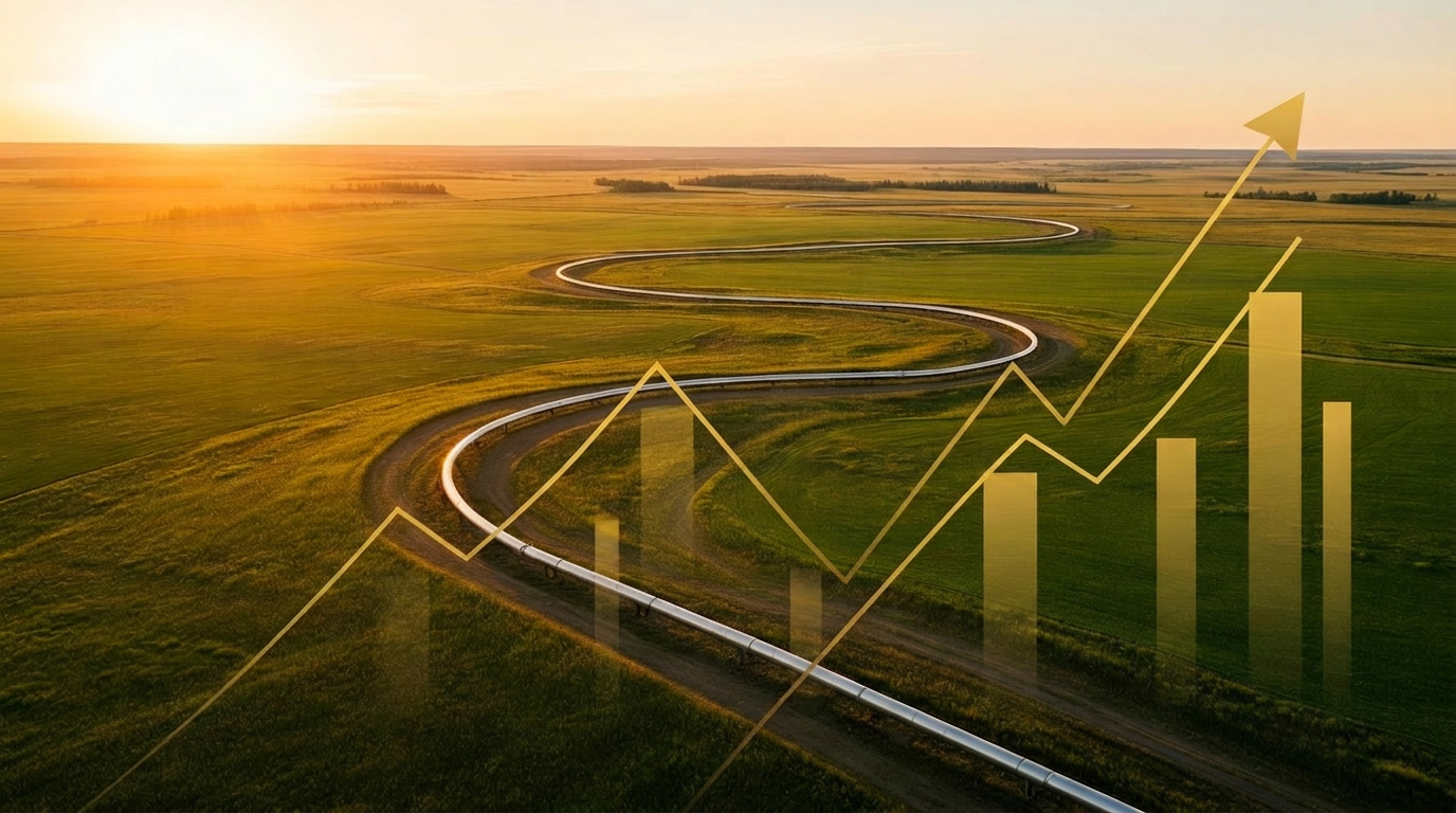 Aerial view of an Alberta prairie pipeline winding through emerald fields at golden hour